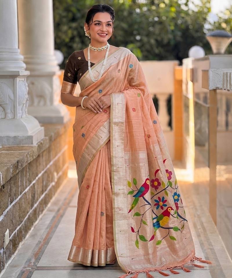 soft pure muga cotton  saree with meenakari  weaving  motifs and contrast blouse