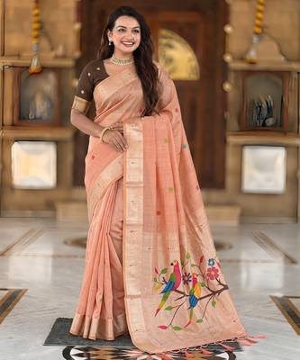 soft pure muga cotton  saree with meenakari  weaving  motifs and contrast blouse 2