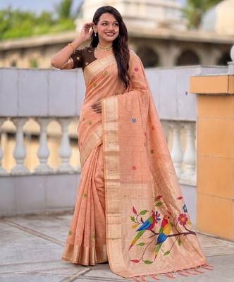 soft pure muga cotton  saree with meenakari  weaving  motifs and contrast blouse 3