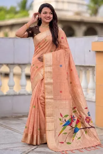 soft pure muga cotton  saree with meenakari  weaving  motifs and contrast blouse