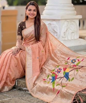 soft pure muga cotton  saree with meenakari  weaving  motifs and contrast blouse 5