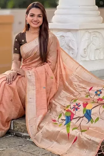 soft pure muga cotton  saree with meenakari  weaving  motifs and contrast blouse