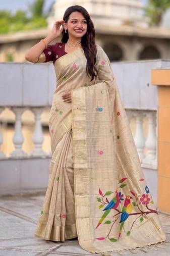 soft pure muga cotton  saree with meenakari  weaving  motifs and contrast blouse