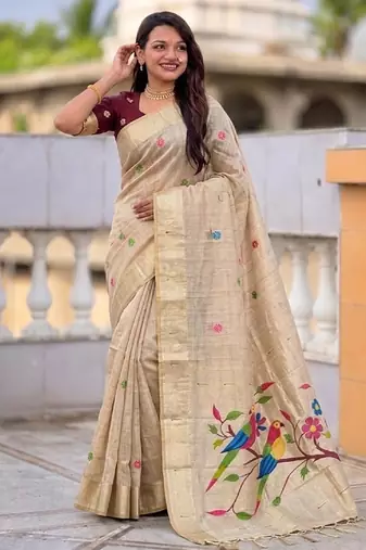 soft pure muga cotton  saree with meenakari  weaving  motifs and contrast blouse