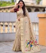 soft pure muga cotton  saree with meenakari  weaving  motifs and contrast blouse