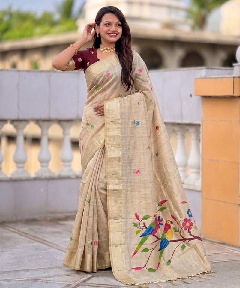 soft pure muga cotton  saree with meenakari  weaving  motifs and contrast blouse