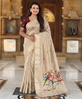 soft pure muga cotton  saree with meenakari  weaving  motifs and contrast blouse 2