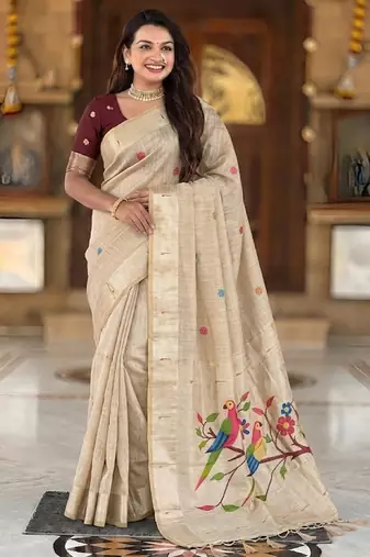 soft pure muga cotton  saree with meenakari  weaving  motifs and contrast blouse