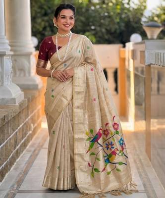 soft pure muga cotton  saree with meenakari  weaving  motifs and contrast blouse 3