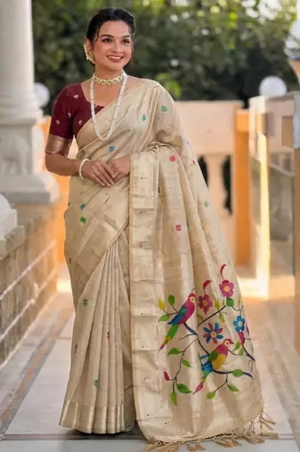 soft pure muga cotton  saree with meenakari  weaving  motifs and contrast blouse