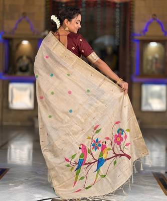soft pure muga cotton  saree with meenakari  weaving  motifs and contrast blouse 4