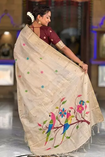 soft pure muga cotton  saree with meenakari  weaving  motifs and contrast blouse