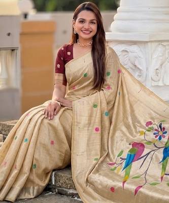 soft pure muga cotton  saree with meenakari  weaving  motifs and contrast blouse 5