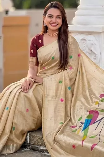 soft pure muga cotton  saree with meenakari  weaving  motifs and contrast blouse