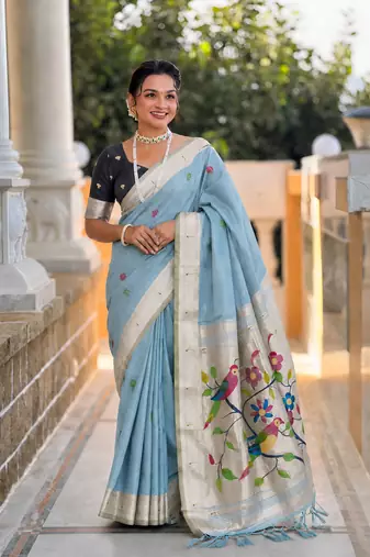 soft pure muga cotton  saree with meenakari  weaving  motifs and contrast blouse