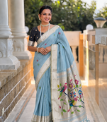 soft pure muga cotton  saree with meenakari  weaving  motifs and contrast blouse