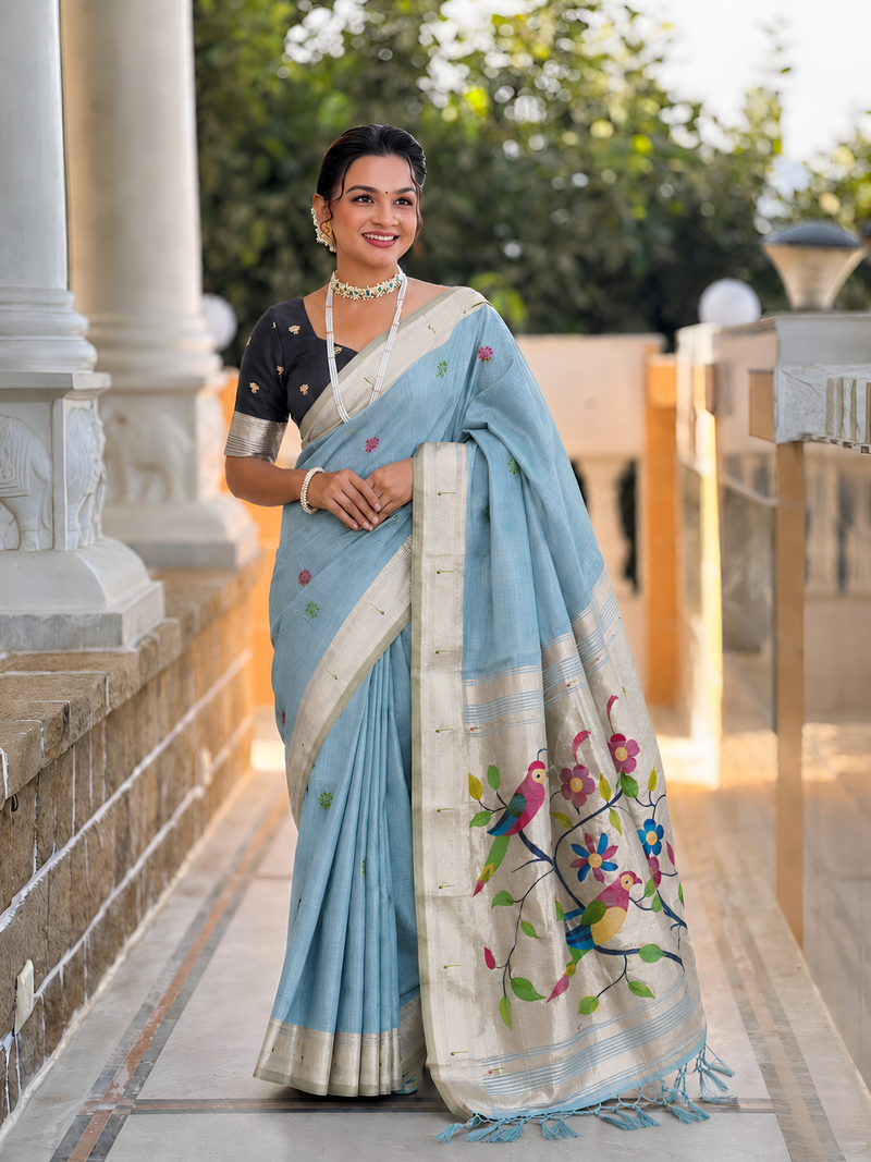 soft pure muga cotton  saree with meenakari  weaving  motifs and contrast blouse