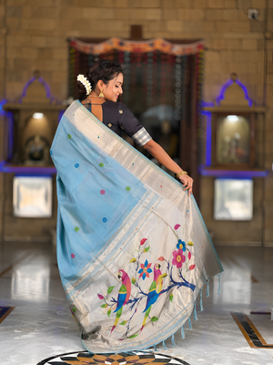 soft pure muga cotton  saree with meenakari  weaving  motifs and contrast blouse 2