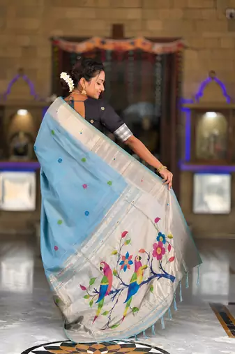 soft pure muga cotton  saree with meenakari  weaving  motifs and contrast blouse