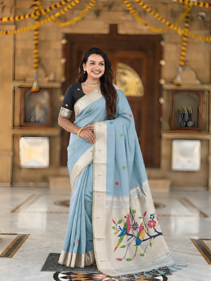 soft pure muga cotton  saree with meenakari  weaving  motifs and contrast blouse 3