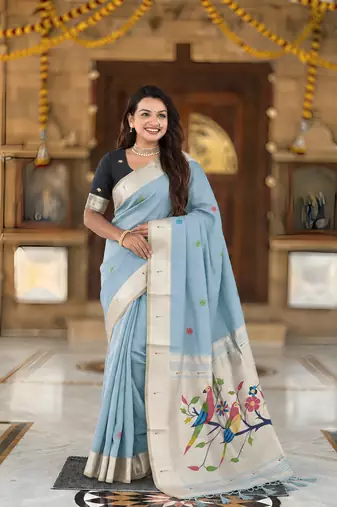 soft pure muga cotton  saree with meenakari  weaving  motifs and contrast blouse