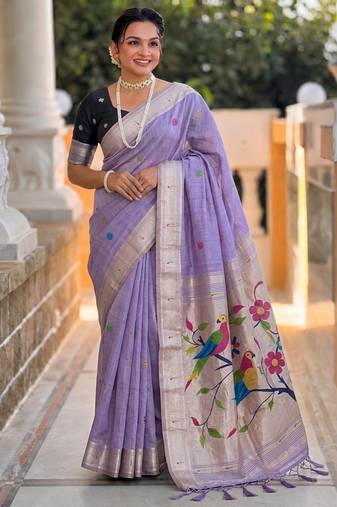 soft pure muga cotton  saree with meenakari  weaving  motifs and contrast blouse