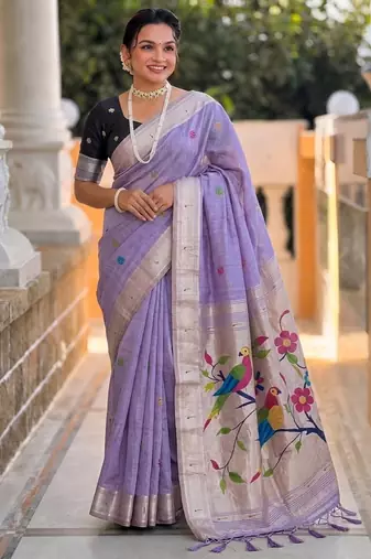soft pure muga cotton  saree with meenakari  weaving  motifs and contrast blouse