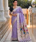 soft pure muga cotton  saree with meenakari  weaving  motifs and contrast blouse