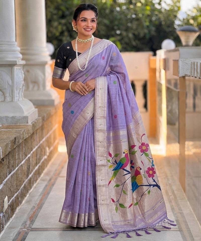 soft pure muga cotton  saree with meenakari  weaving  motifs and contrast blouse