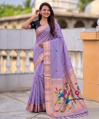 soft pure muga cotton  saree with meenakari  weaving  motifs and contrast blouse 2