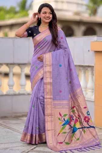 soft pure muga cotton  saree with meenakari  weaving  motifs and contrast blouse
