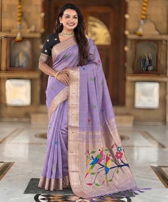 soft pure muga cotton  saree with meenakari  weaving  motifs and contrast blouse 3