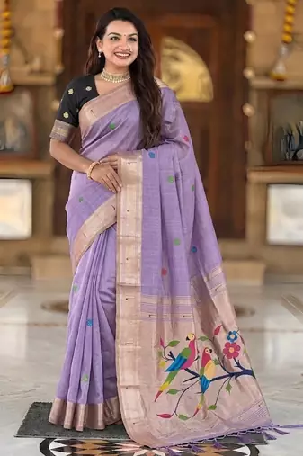 soft pure muga cotton  saree with meenakari  weaving  motifs and contrast blouse