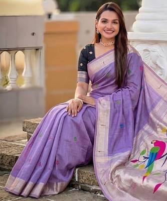 soft pure muga cotton  saree with meenakari  weaving  motifs and contrast blouse 4