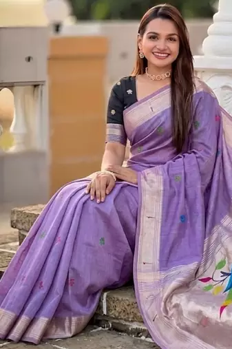 soft pure muga cotton  saree with meenakari  weaving  motifs and contrast blouse