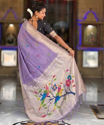 soft pure muga cotton  saree with meenakari  weaving  motifs and contrast blouse 5