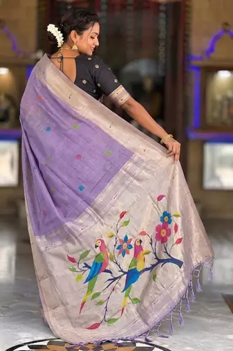 soft pure muga cotton  saree with meenakari  weaving  motifs and contrast blouse