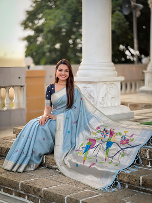 soft pure muga cotton  saree with meenakari  weaving  motifs and contrast blouse 5