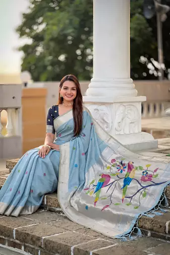 soft pure muga cotton  saree with meenakari  weaving  motifs and contrast blouse