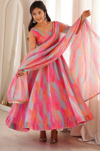 Pink tebi organza mirror lace gown set with dupatta