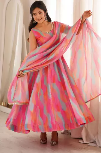 Pink tebi organza mirror lace gown set with dupatta
