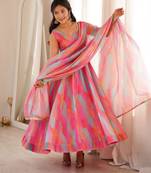 Pink tebi organza mirror lace gown set with dupatta