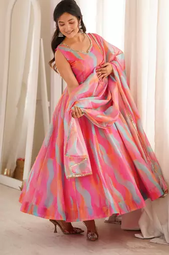 Pink tebi organza mirror lace gown set with dupatta