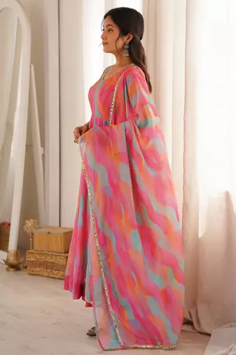 Pink tebi organza mirror lace gown set with dupatta