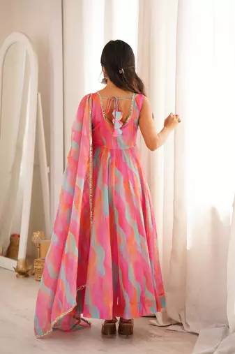 Pink tebi organza mirror lace gown set with dupatta