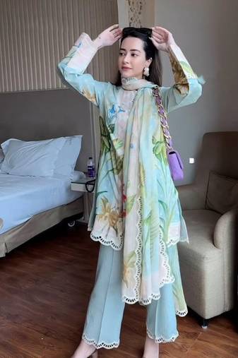 Sky blue magic cotton digital print kurti pant set with dupatta