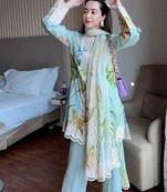 Sky blue magic cotton digital print kurti pant set with dupatta