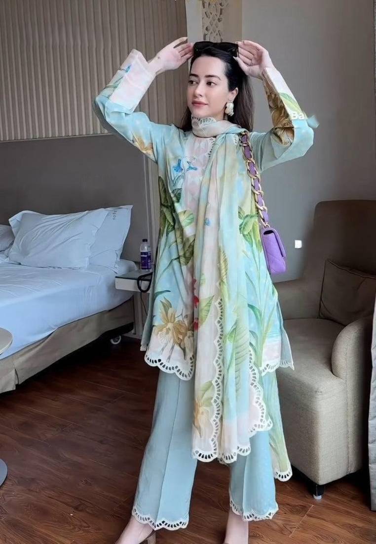 Sky blue magic cotton digital print kurti pant set with dupatta