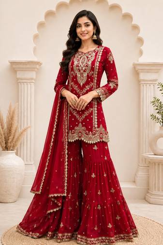 Red faux georgette embroidered sharara suit set with dupatta