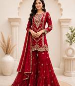 Red faux georgette embroidered sharara suit set with dupatta